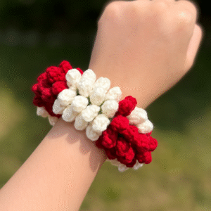 Handmade Crochet Gajra for Hair | Red & White Flower Bracelet | Traditional Festive Hair Accessory