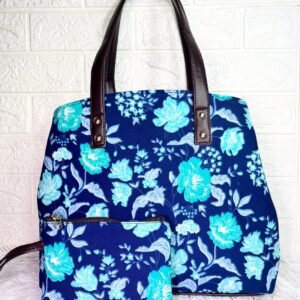 Stylish Blue Floral Handbag Set for Women – Cotton Tote Bag with Matching Pouch | Trendy Shoulder Bag with Leather Straps for Daily Use & Travel