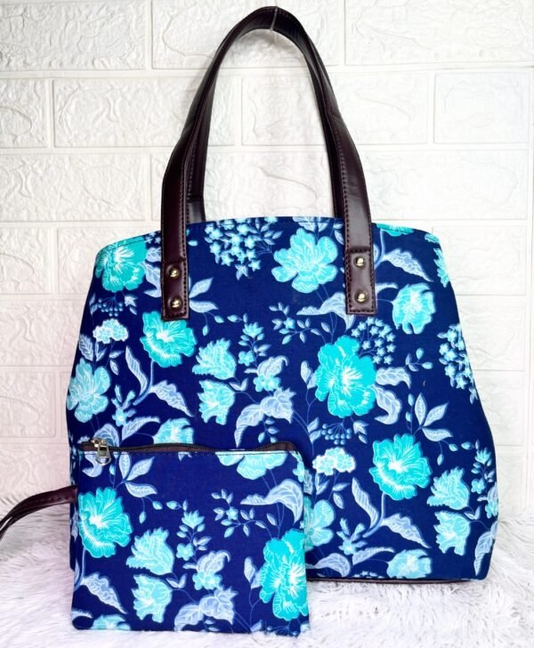 Stylish Blue Floral Handbag Set for Women – Cotton Tote Bag with Matching Pouch | Trendy Shoulder Bag with Leather Straps for Daily Use & Travel