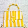 Striped Yellow & White Mini Handbag for Women – Trendy Summer Purse with Top Handle & Gold Chain Strap | Casual Day Out Bag