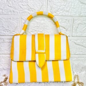 Striped Yellow & White Mini Handbag for Women – Trendy Summer Purse with Top Handle & Gold Chain Strap | Casual Day Out Bag