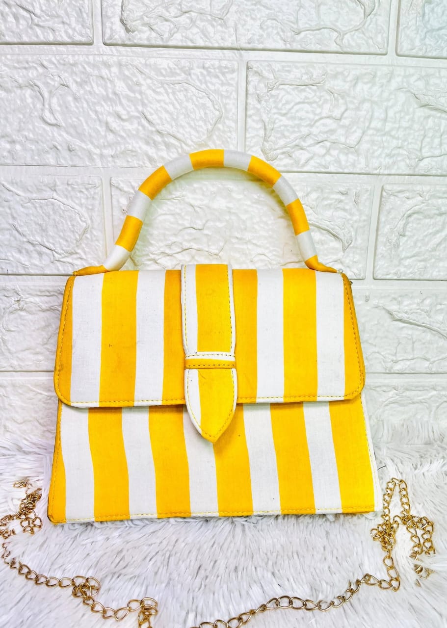 Striped Yellow & White Mini Handbag for Women – Trendy Summer Purse with Top Handle & Gold Chain Strap | Casual Day Out Bag