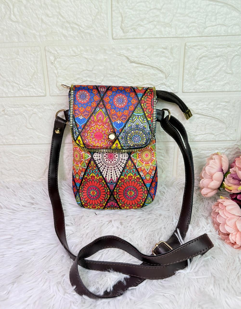 Handcrafted Multicolor Boho Sling Bag for Women – Ethnic Printed Crossbody Mobile Pouch with Adjustable Faux Leather Strap | Festival & Travel Bag