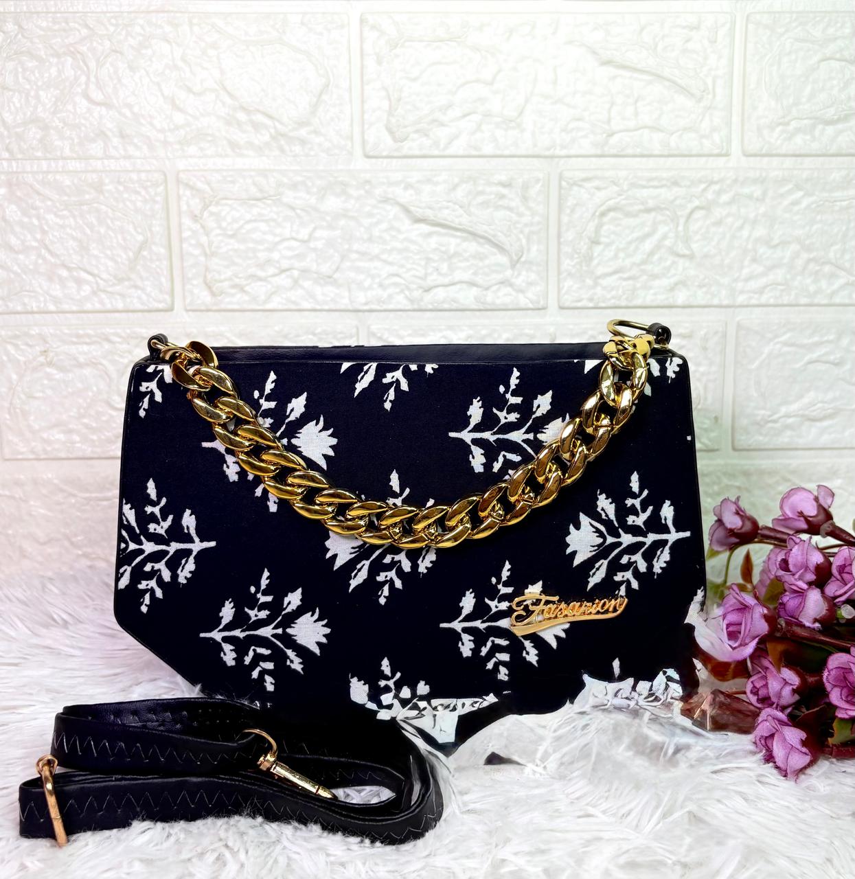 Handcrafted Black Floral Sling Bag for Women with Golden Chain – Designer Block Print Clutch Purse with Faux Leather Strap | Elegant Evening & Party Handbag