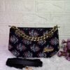 Handcrafted Black Floral Sling Bag for Women with Golden Chain – Designer Block Print Clutch Purse with Faux Leather Strap | Elegant Evening & Party Handbag