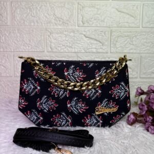 Handcrafted Black Floral Sling Bag for Women with Golden Chain – Designer Block Print Clutch Purse with Faux Leather Strap | Elegant Evening & Party Handbag