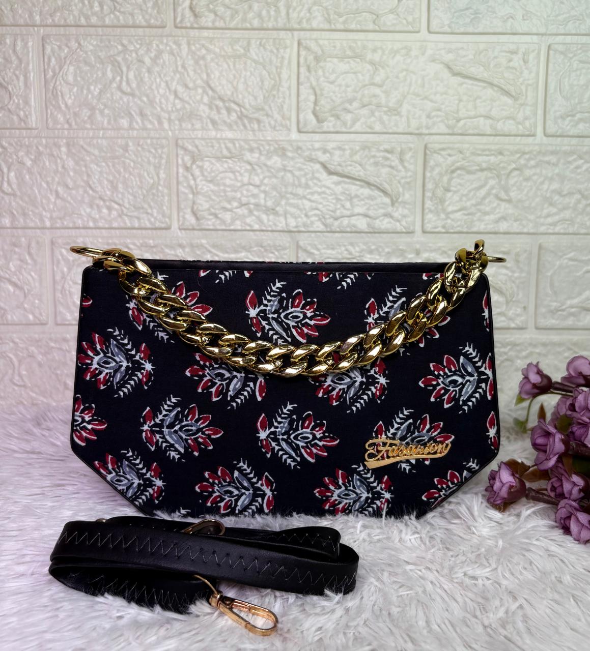 Handcrafted Black Floral Sling Bag for Women with Golden Chain – Designer Block Print Clutch Purse with Faux Leather Strap | Elegant Evening & Party Handbag
