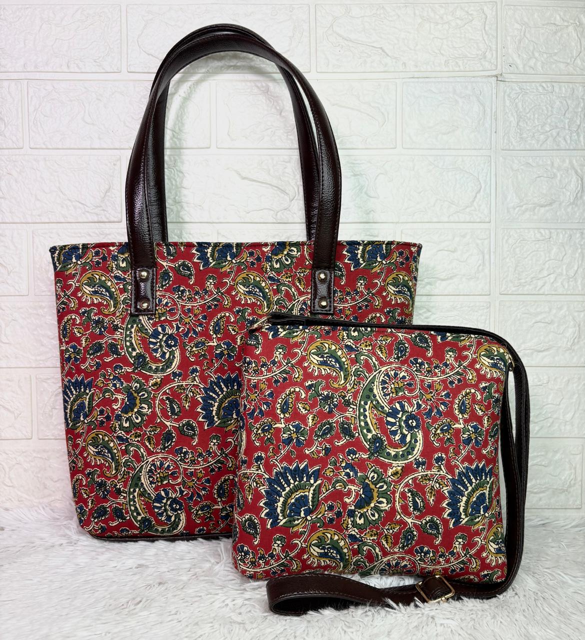 Handcrafted Red Cotton Tote Bag with Matching Zip Pouch for Women – Eco-Friendly Block Printed Shoulder Bag with Faux Leather Handles | Stylish Everyday Office & Travel Bag Set