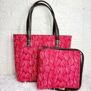 Handcrafted Red Cotton Tote Bag with Matching Zip Pouch for Women – Eco-Friendly Block Printed Shoulder Bag with Faux Leather Handles | Stylish Everyday Office & Travel Bag Set