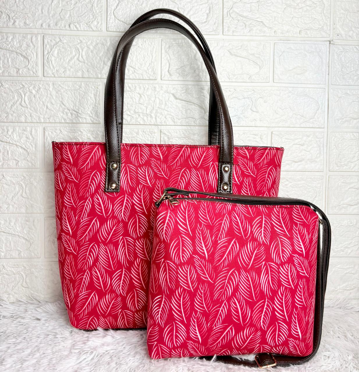 Handcrafted Red Cotton Tote Bag with Matching Zip Pouch for Women – Eco-Friendly Block Printed Shoulder Bag with Faux Leather Handles | Stylish Everyday Office & Travel Bag Set