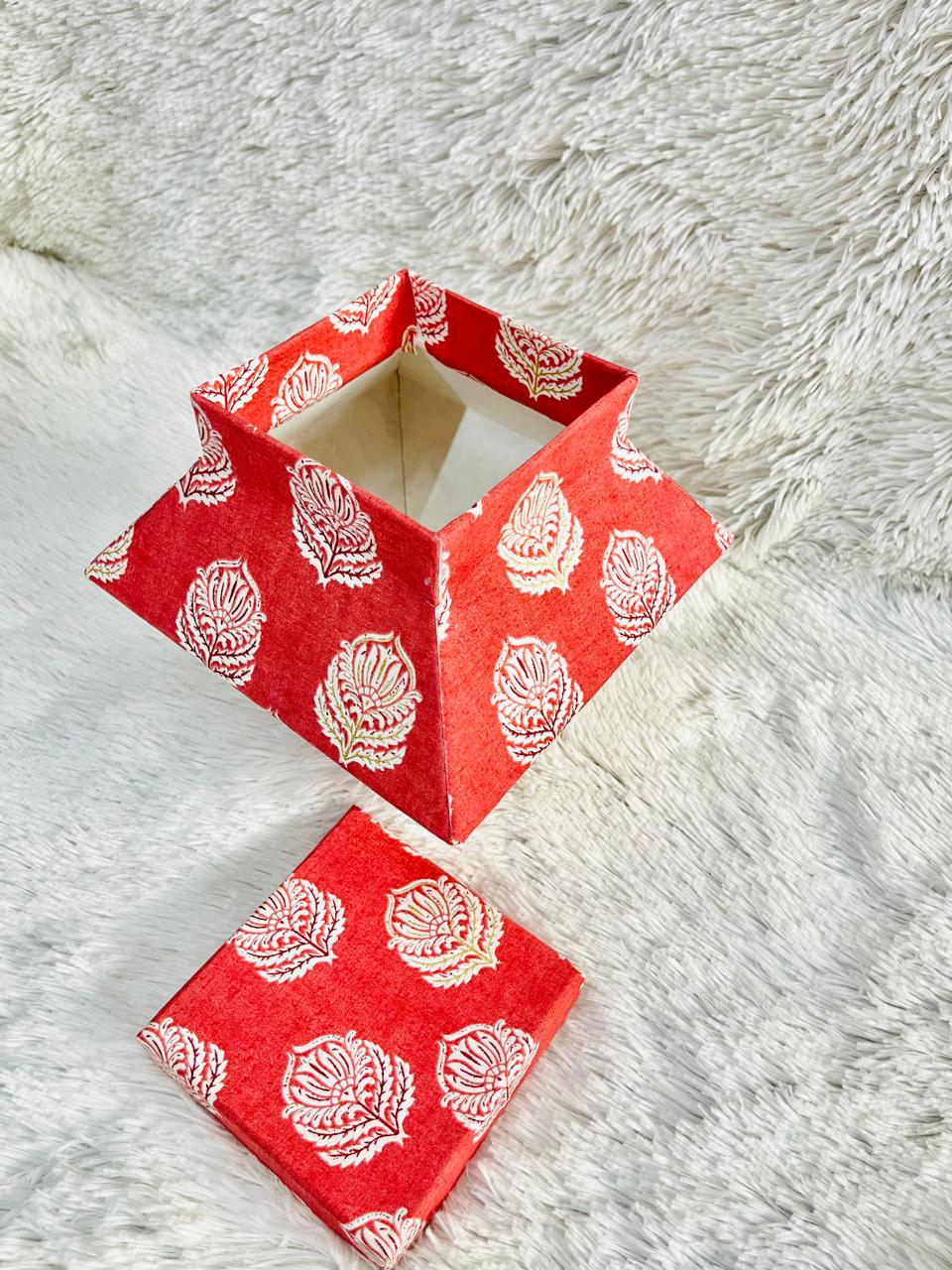 Handmade Decorative Storage Box with Lid – Red Block Print | Gift Box for Jewelry, Stationery, Keepsakes & Festive Packaging