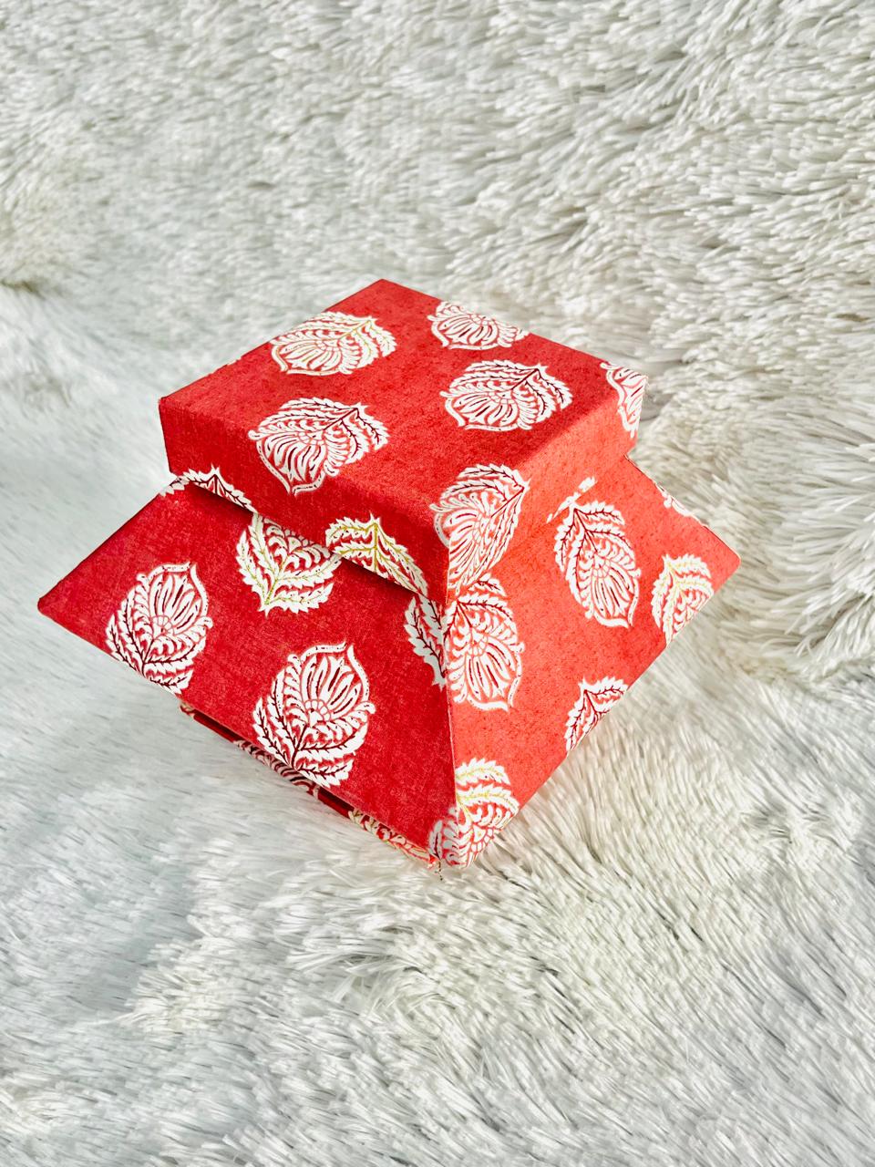 Handmade Decorative Storage Box with Lid – Red Block Print | Gift Box for Jewelry, Stationery, Keepsakes & Festive Packaging