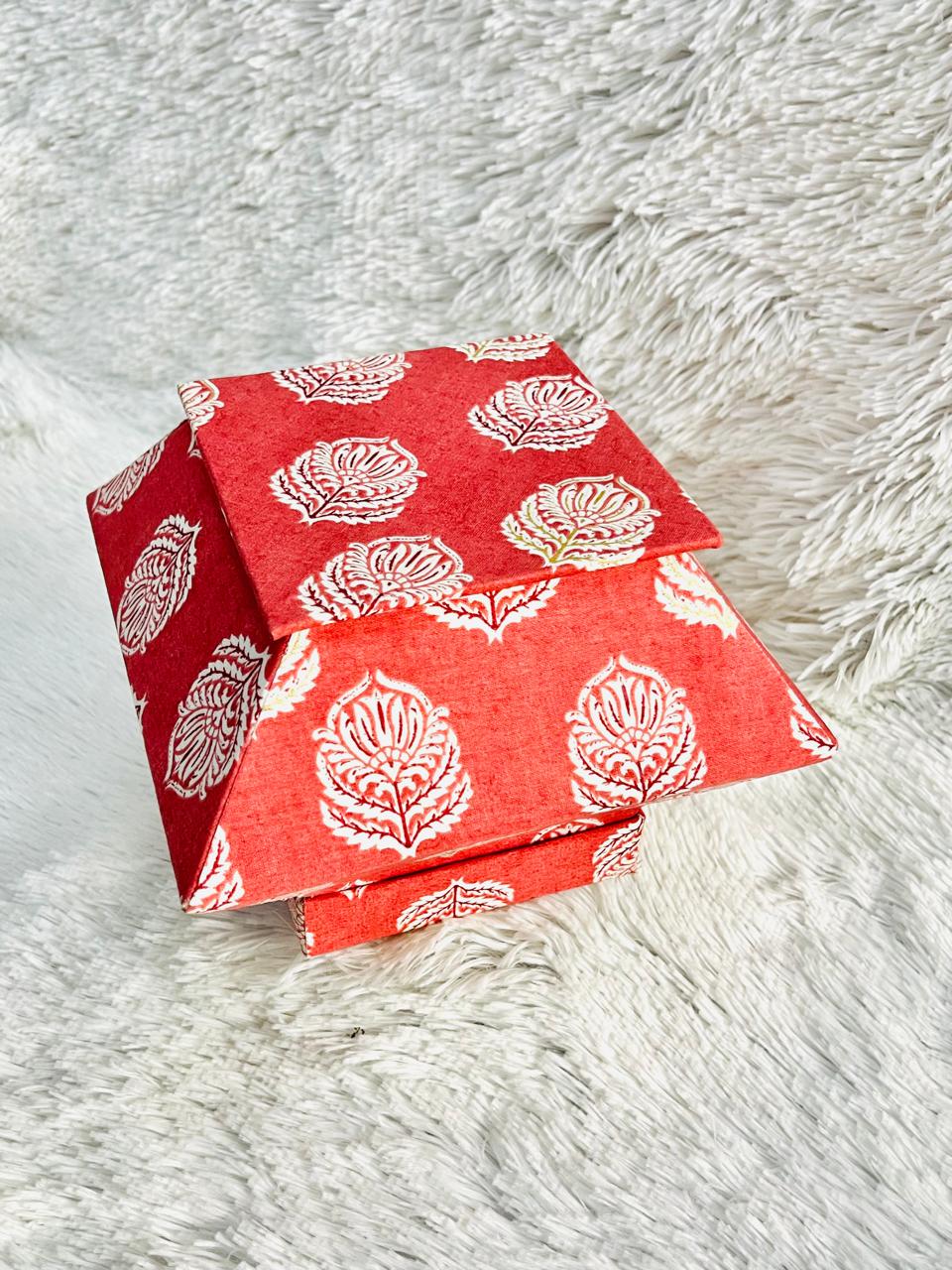 Handmade Decorative Storage Box with Lid – Red Block Print | Gift Box Jewelry, Stationery, Keepsakes & Festive Packaging