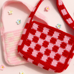 Handmade Crochet Checkerboard Shoulder Bag | Soft Yarn Tote | Aesthetic Casual Bag for Women