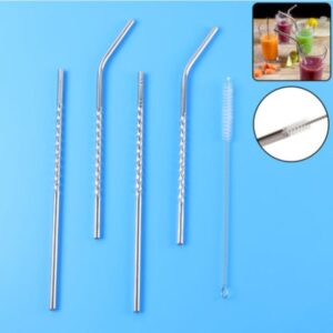 Set of 4 Stainless Steel Straws with Cleaning Brush (2 Straight + 2 Bent)